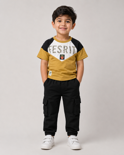 Boys Casual ESPRIT Printed T-Shirt with Black Cargo Trouser 2 Piece Summer Outfit Set