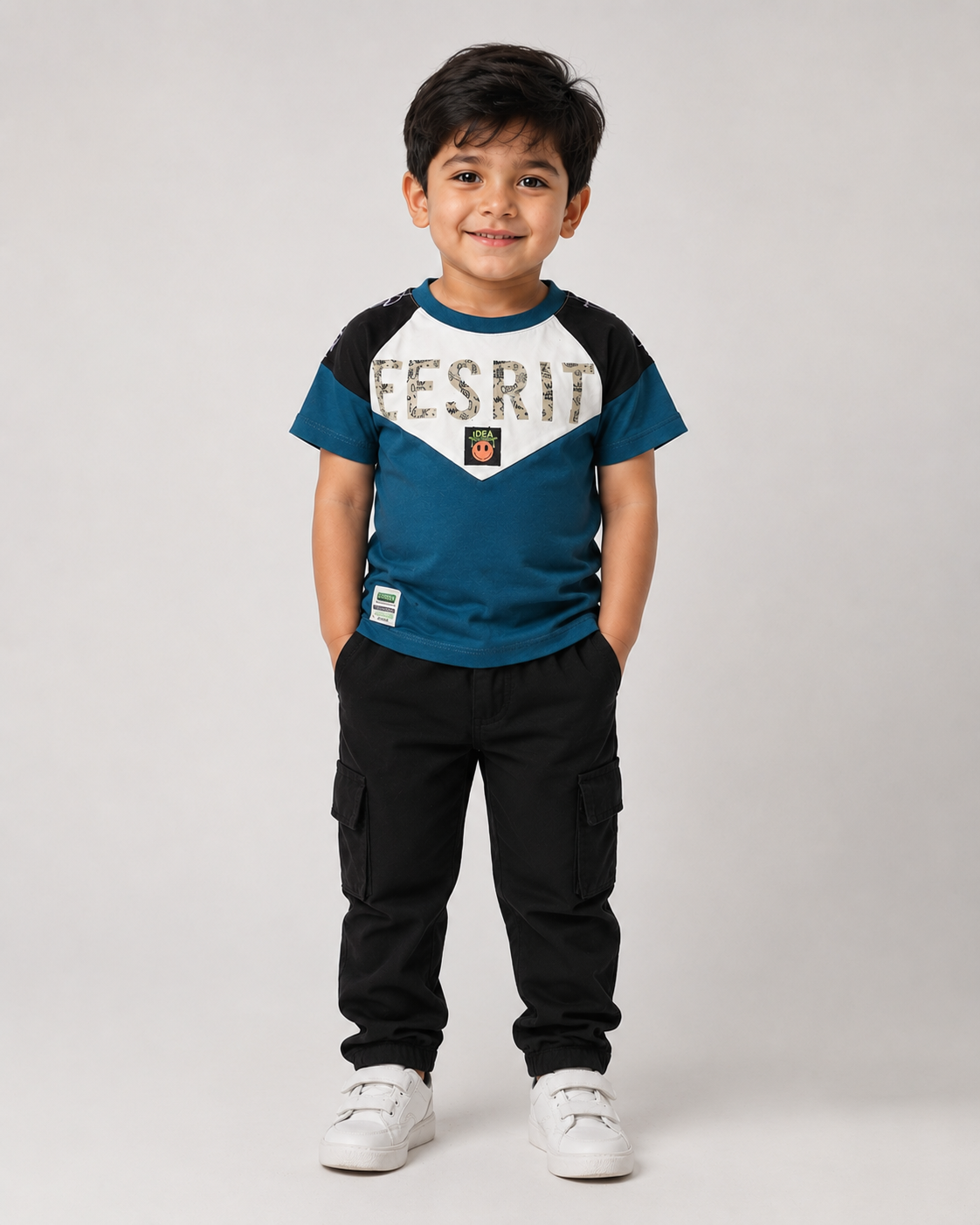 Boys Casual ESPRIT Printed T-Shirt with Black Cargo Trouser 2 Piece Summer Outfit Set