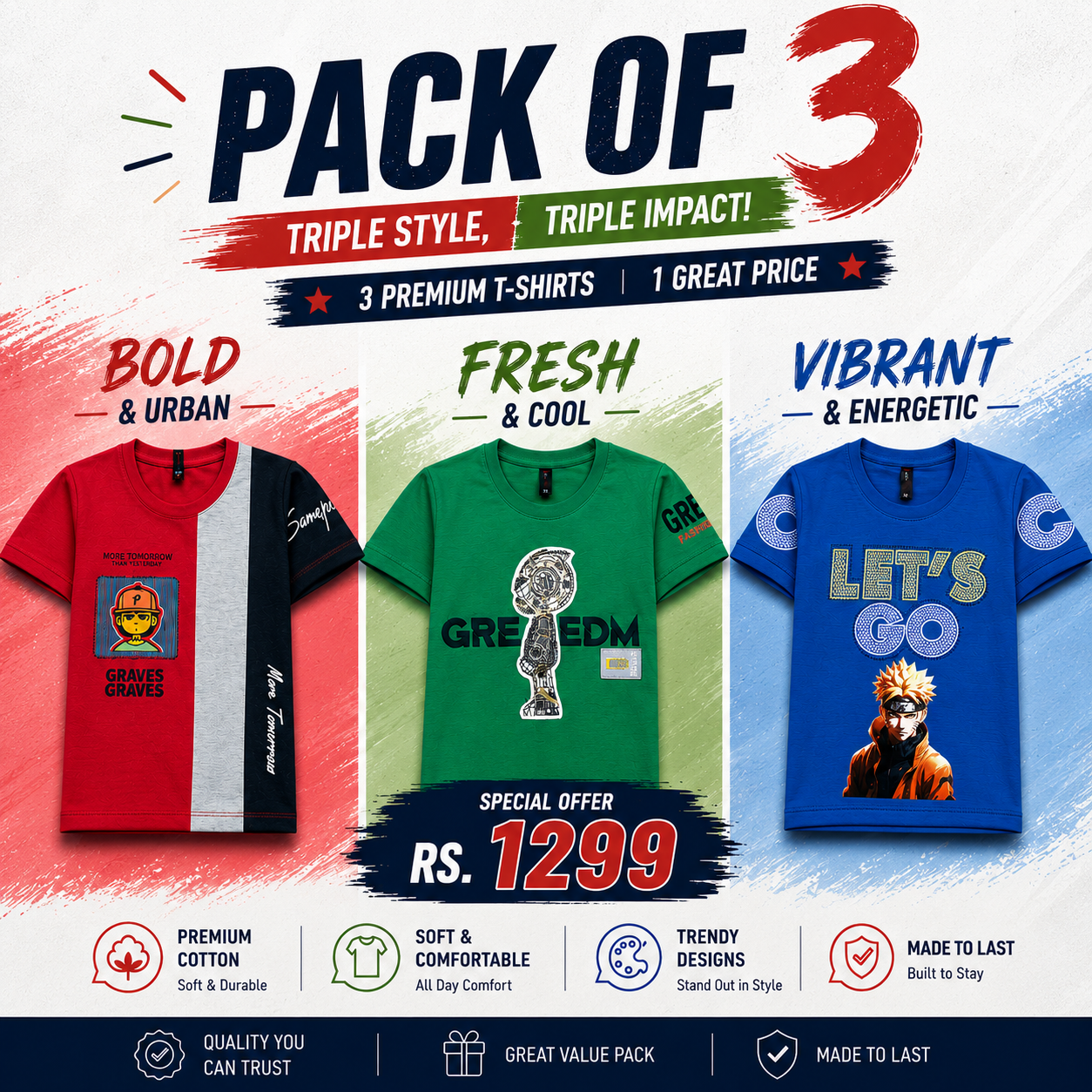 Boys Stylish Pack Of 3 Half Sleeves T-Shirts (Vol 2)