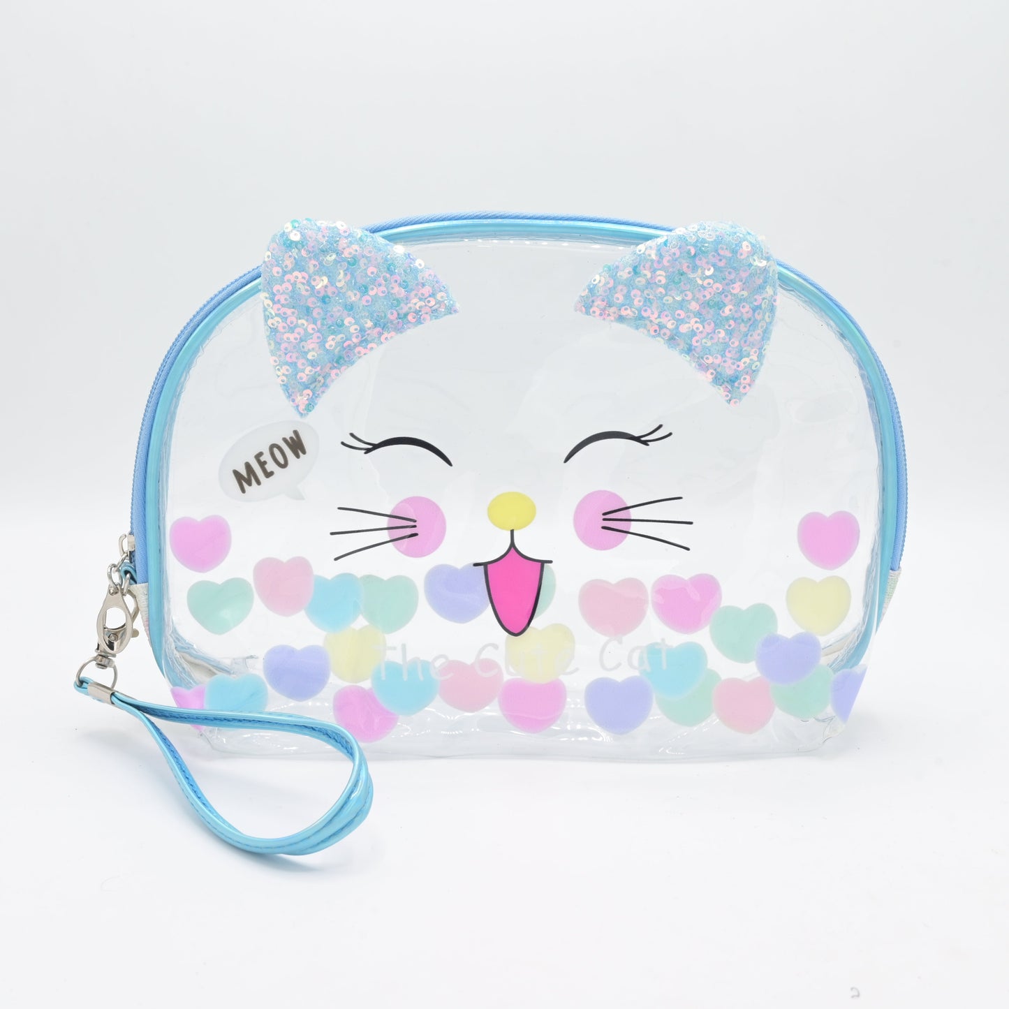 Cute Transparent Cat Pouch – Glitter Ears & Heart Design