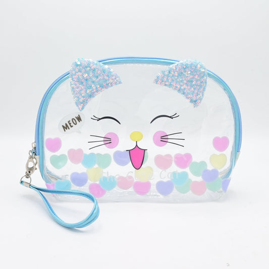 Cute Transparent Cat Pouch – Glitter Ears & Heart Design