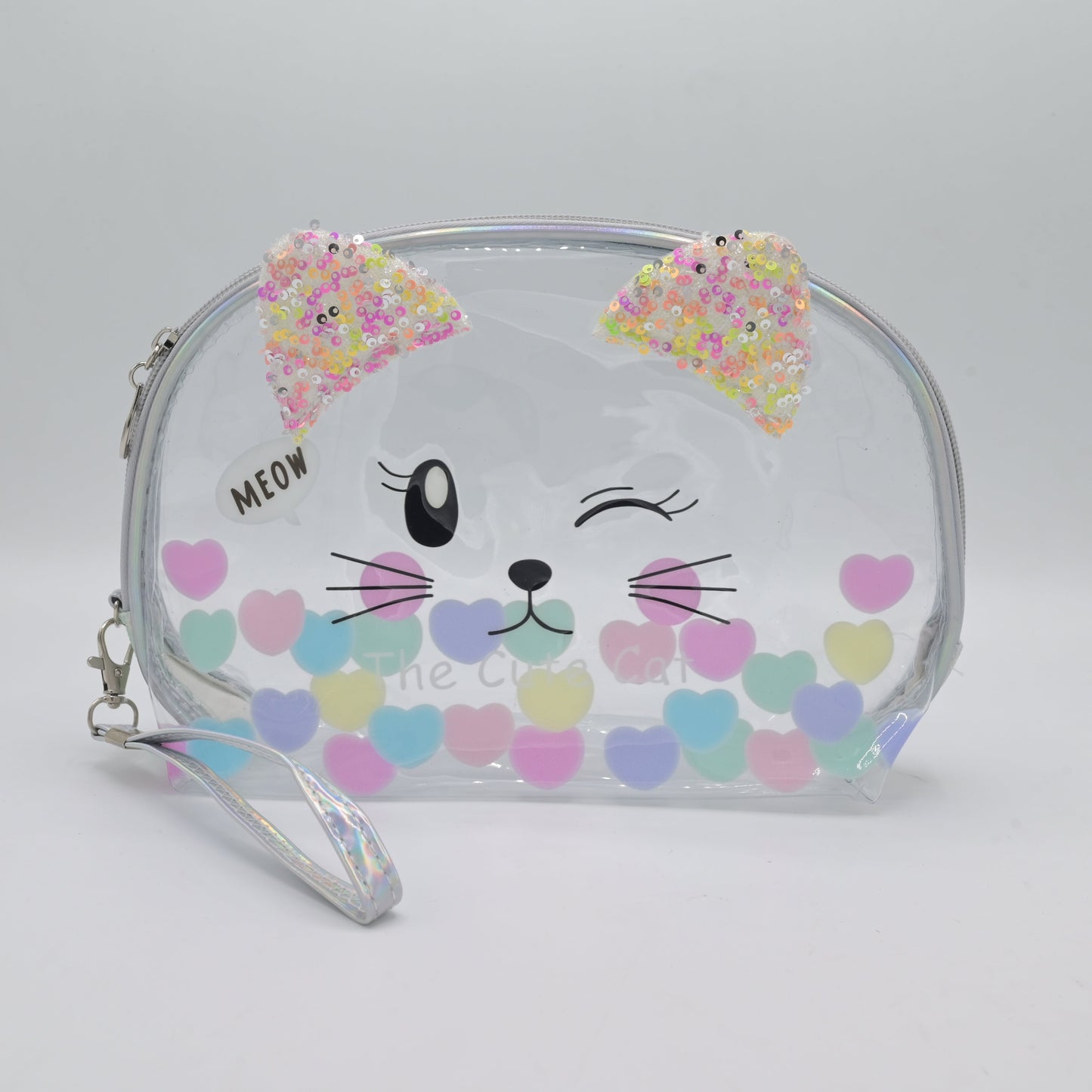 Cute Transparent Cat Pouch – Glitter Ears & Heart Design