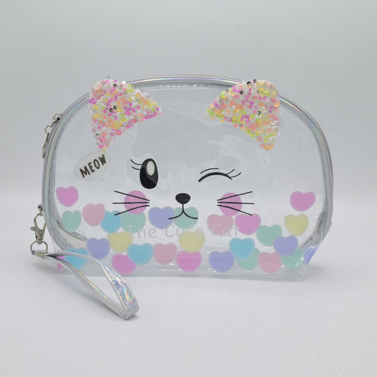 Cute Transparent Cat Pouch – Glitter Ears & Heart Design