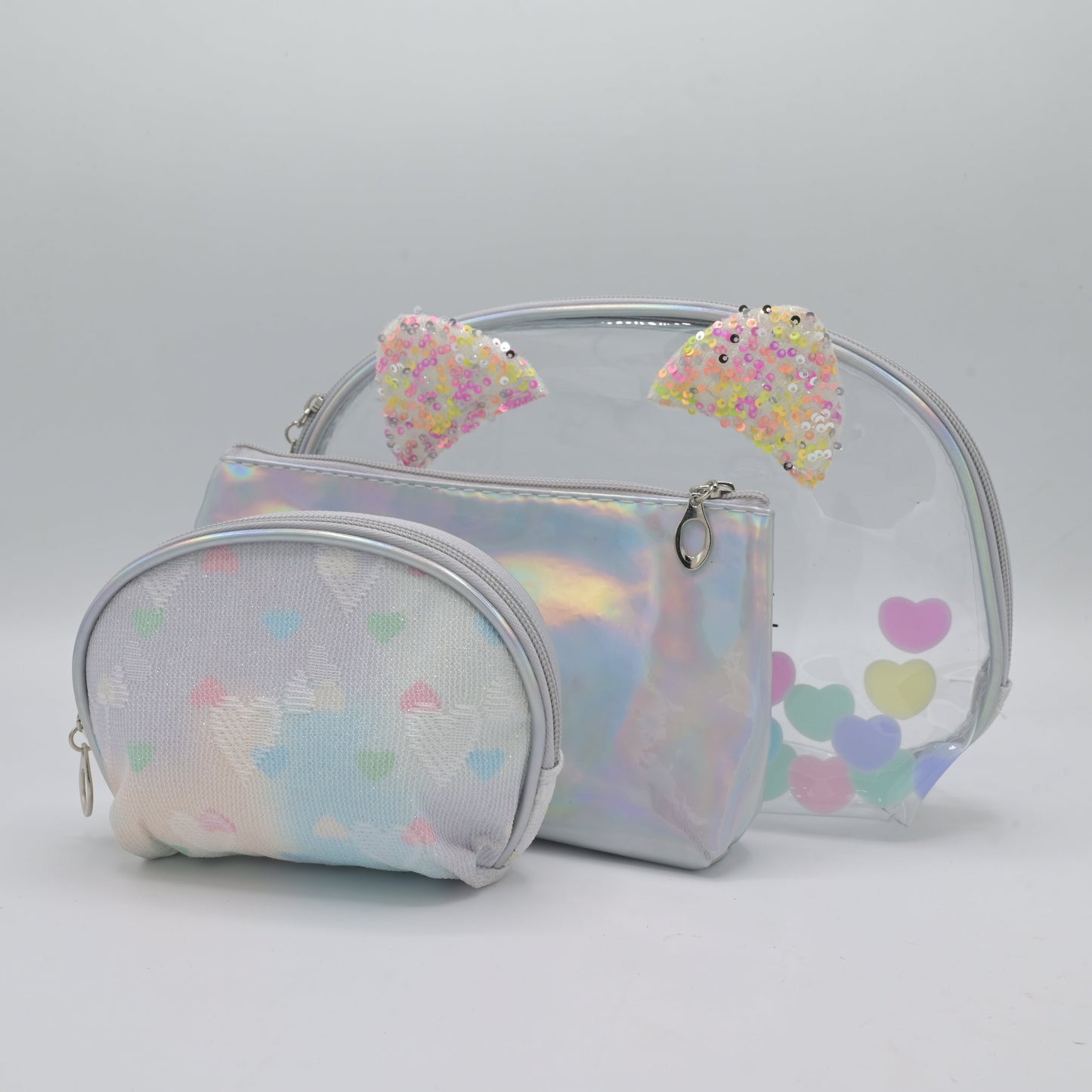 Cute Transparent Cat Pouch – Glitter Ears & Heart Design