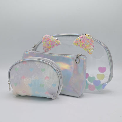Cute Transparent Cat Pouch – Glitter Ears & Heart Design