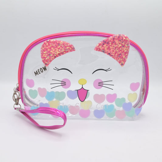Cute Transparent Cat Pouch – Glitter Ears & Heart Design