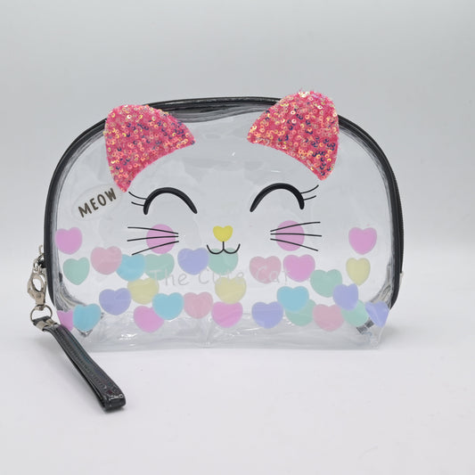 Cute Transparent Cat Pouch – Glitter Ears & Heart Design