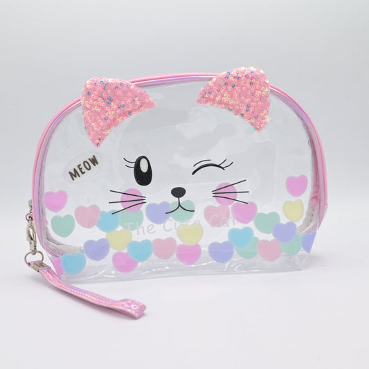 Cute Transparent Cat Pouch – Glitter Ears & Heart Design