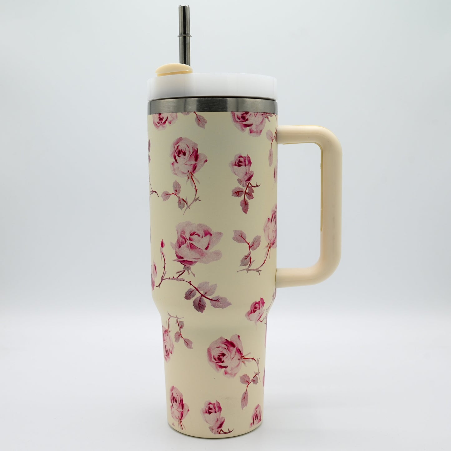 Floral Collection Premium Stainless Steel Tumbler – 40oz (With Handle & Metal Straw)
