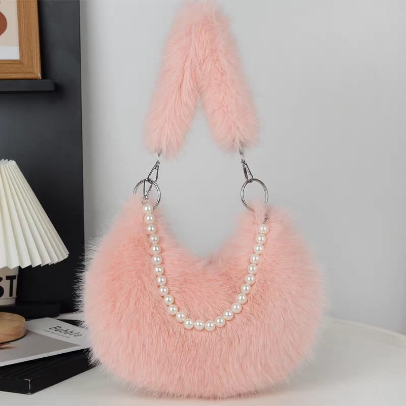 Faux Fur Shoulder Bag with Pearl Chain