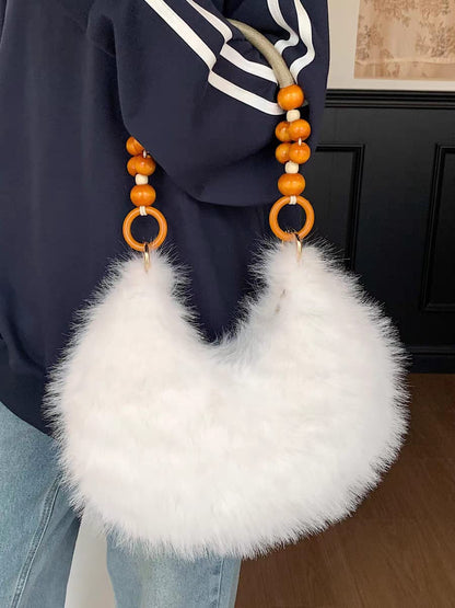 Faux Fur Shoulder Bag with Wooden Bead Handle