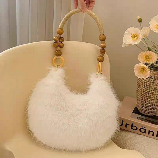 Faux Fur Shoulder Bag with Wooden Bead Handle - kids clothing by New Outfit Pakistan