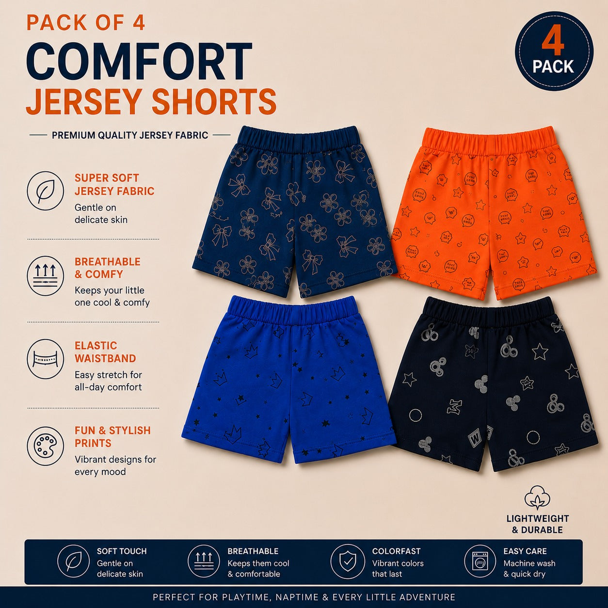 Comfort & Style Essentials – Designer Kids Jersey Shorts Pack of 4