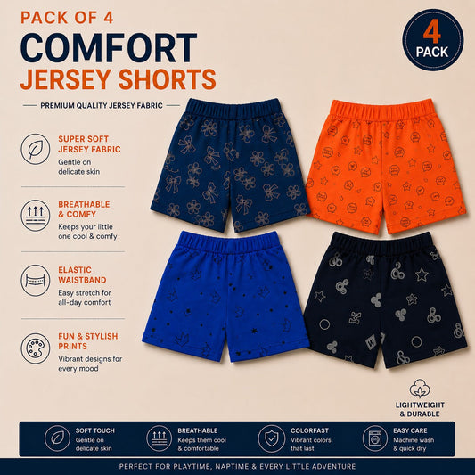 Comfort & Style Essentials – Designer Kids Jersey Shorts Pack of 4