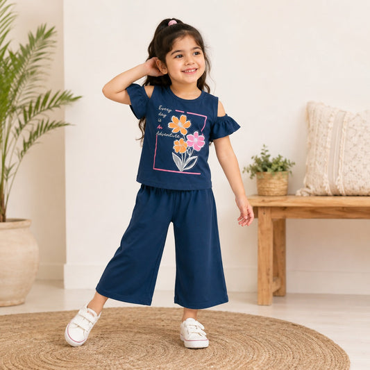 Girls Navy Blue Floral Co-Ord Set  EG-163