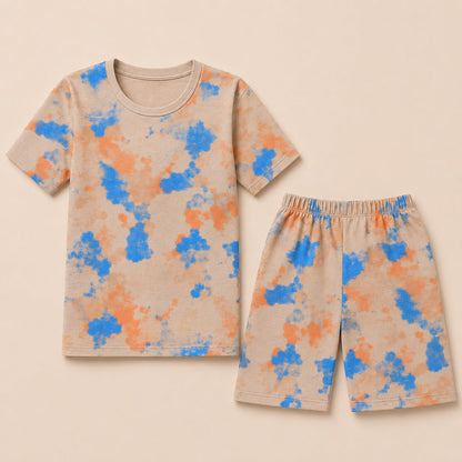 Boys Tie-Dye Summer Co-Ord Set – Beige & Blue (EB-294)