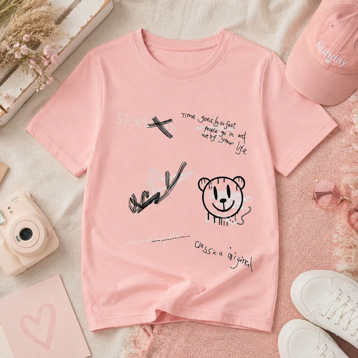 Cute Bear Graphic Printed Pink T-Shirt for Boys (EB-291)