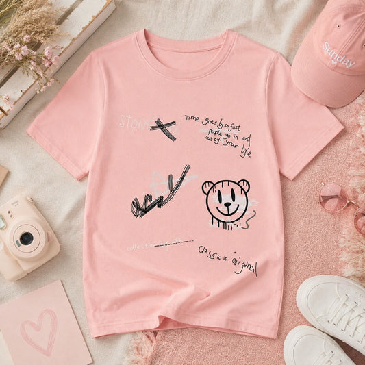 Cute Bear Graphic Printed Pink T-Shirt for Boys (EB-291)