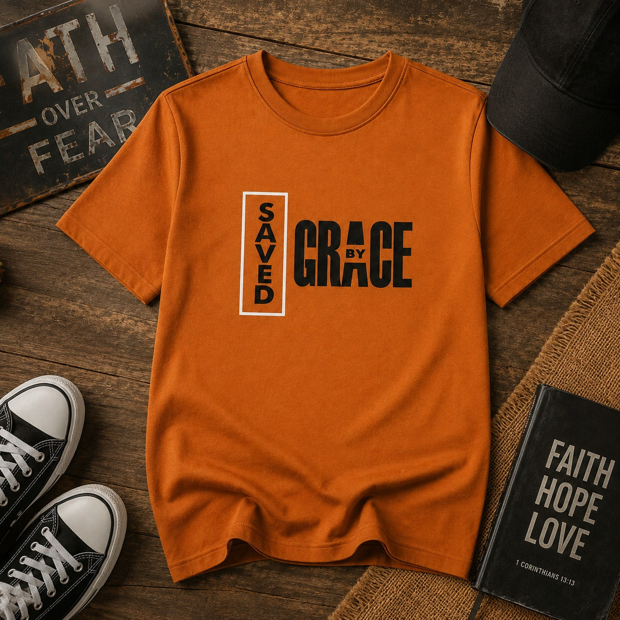 Saved By Grace Graphic Printed Rust Orange T-Shirt for Kids (EB-283 )