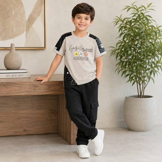 Boys Premium Graphic T-Shirt with Black Cargo Trouser Set (EB 608)