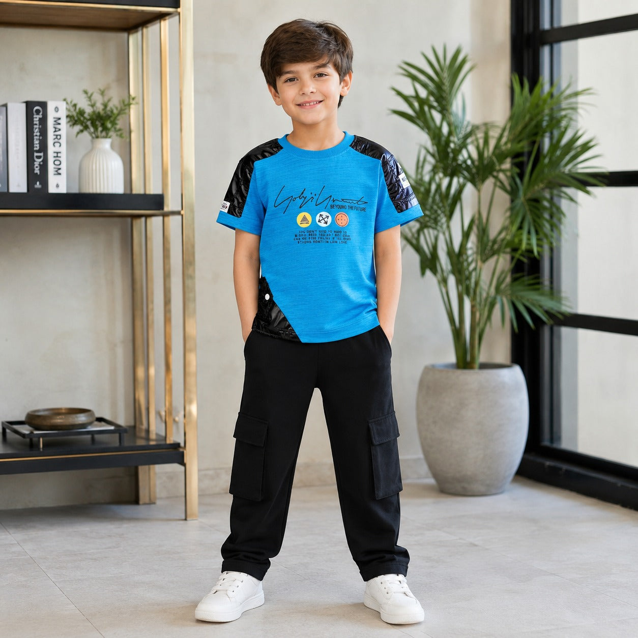 Boys Premium Graphic T-Shirt with Black Cargo Trouser Set (EB 608)