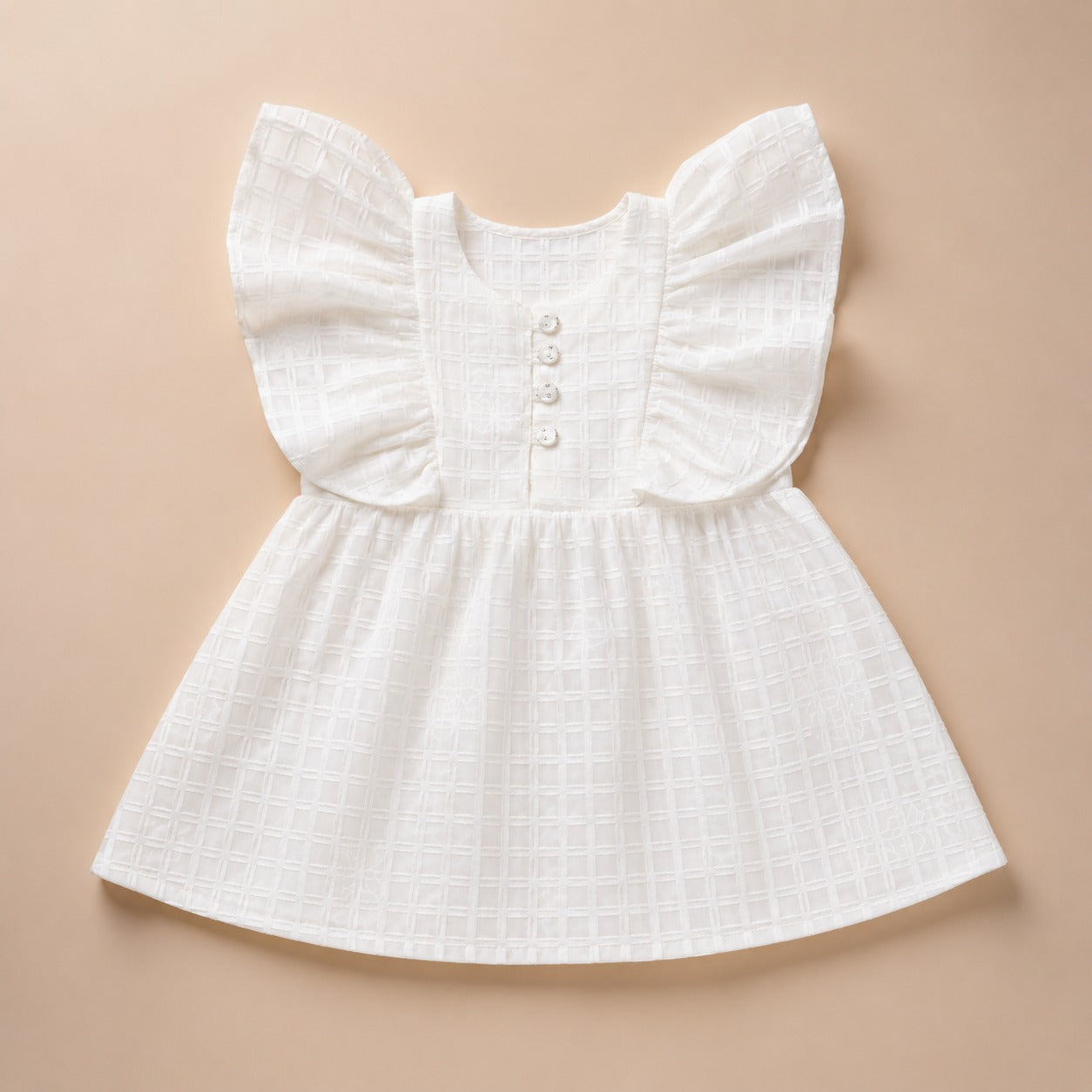 Girls White Textured Flutter Sleeve Dress (EB 615)