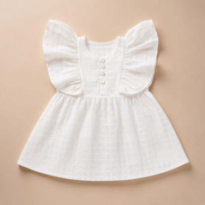 Girls White Textured Flutter Sleeve Dress (EB 615)