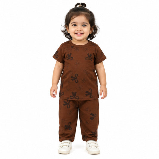 Baby Girls Brown Printed Co-Ord Set (EG 173)