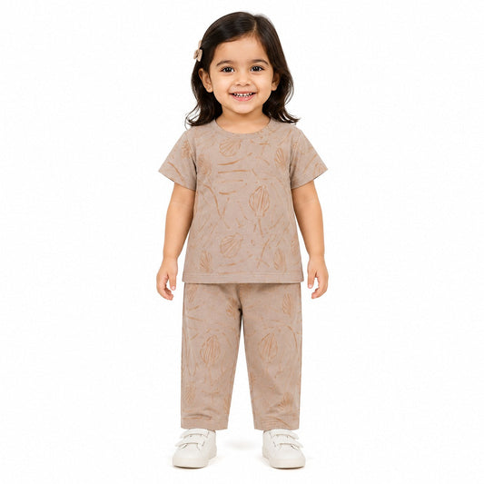 Baby Girls Beige Printed Co-Ord Set – Soft Cotton Jersey T-Shirt & Trouser Set (EG 172)