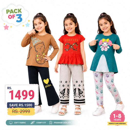 Pack of 3 Girls Casual Wear Suit Set | Comfortable Everyday Outfits (EB 635)