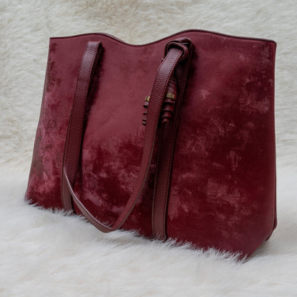 Elegant Light Brown Velvet Finish Women’s Handbag — Everyday Tote Style (Red)