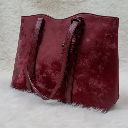 Elegant Light Brown Velvet Finish Women’s Handbag — Everyday Tote Style (Red)