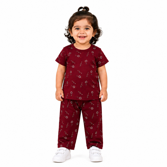 Baby Girls Maroon Printed Summer Co-Ord Set (EB 174)