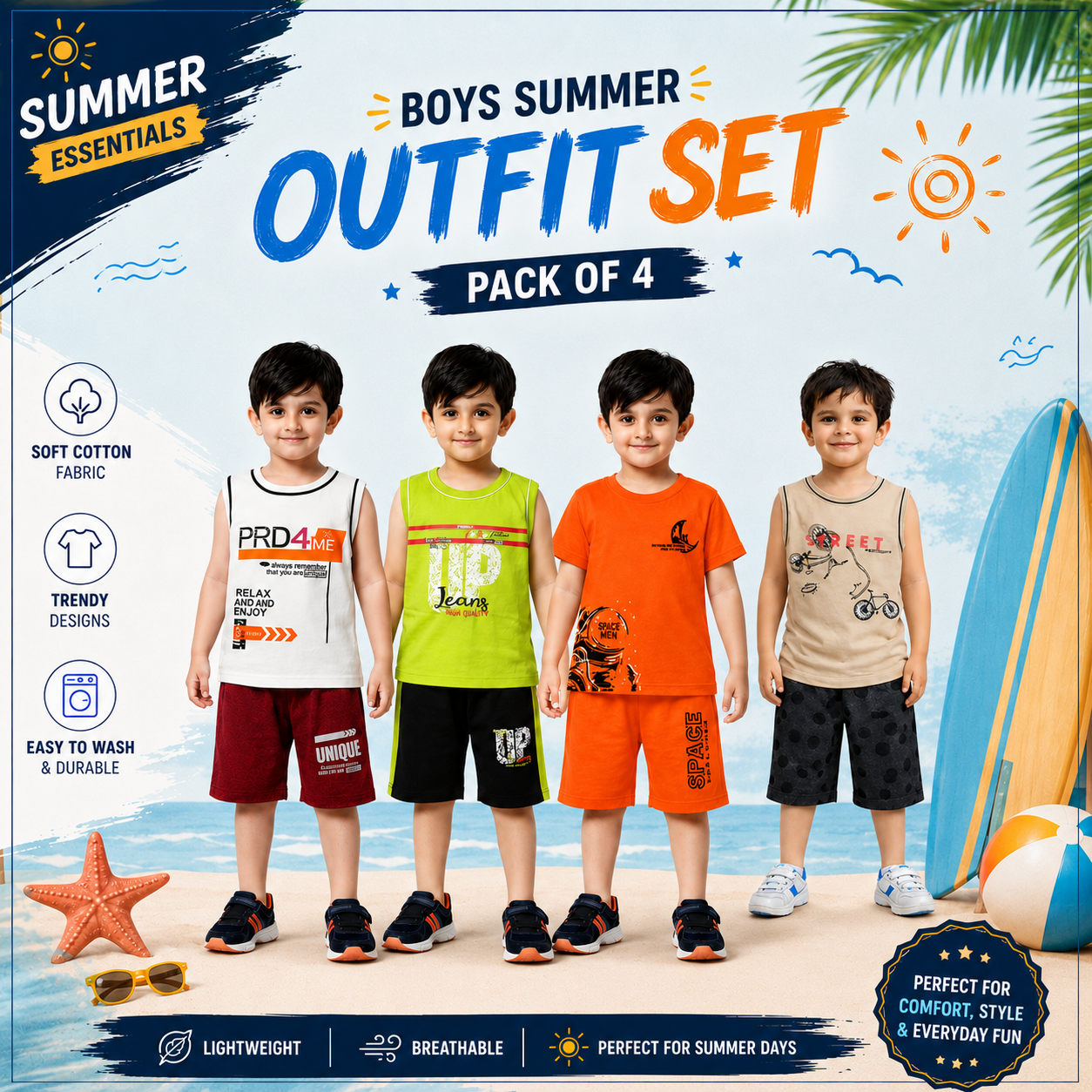 Boys Summer Cotton Outfit Set – Pack of 4 Trendy Sleeveless T-Shirt & Shorts Co-Ord Sets