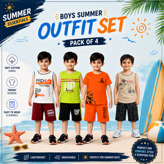 Boys Summer Cotton Outfit Set – Pack of 4 Trendy Sleeveless T-Shirt & Shorts Co-Ord Sets - kids clothing by New Outfit Pakistan