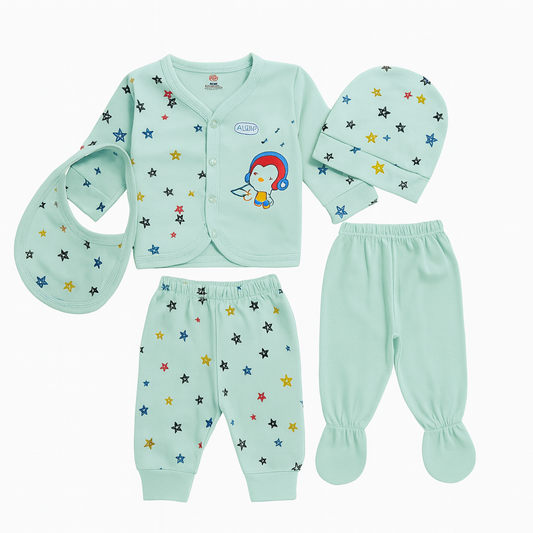 5-Piece Infant Dress Set – Soft PC Fabric Newborn Outfit with Bib, Cap & Pants (Ice-Green)) - kids clothing by New Outfit