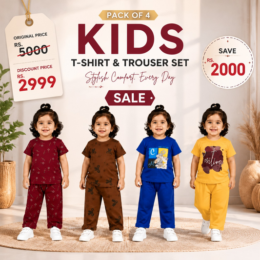 Pack of 4 Kids T-Shirt & Trouser Set – Premium Cotton Summer Outfit (EB 631)